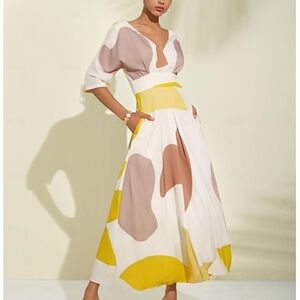 ADOR Satin Maxi Dress Flowy Abstract White, Yellow And Tan Print SzM